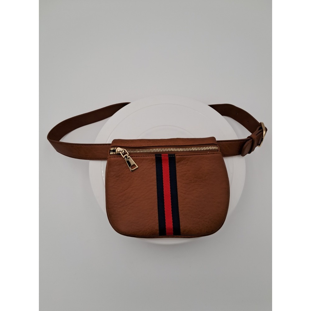 Moda Luxe Juno Belt Bag In Brown Vegan Leather With A Red And Navy Blue Stripe - Picture 3 of 8
